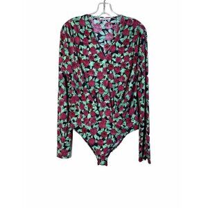 Zara Trafaluc Women's Long Sleeve Wrap Front Bodysuit Green Red Floral Size L